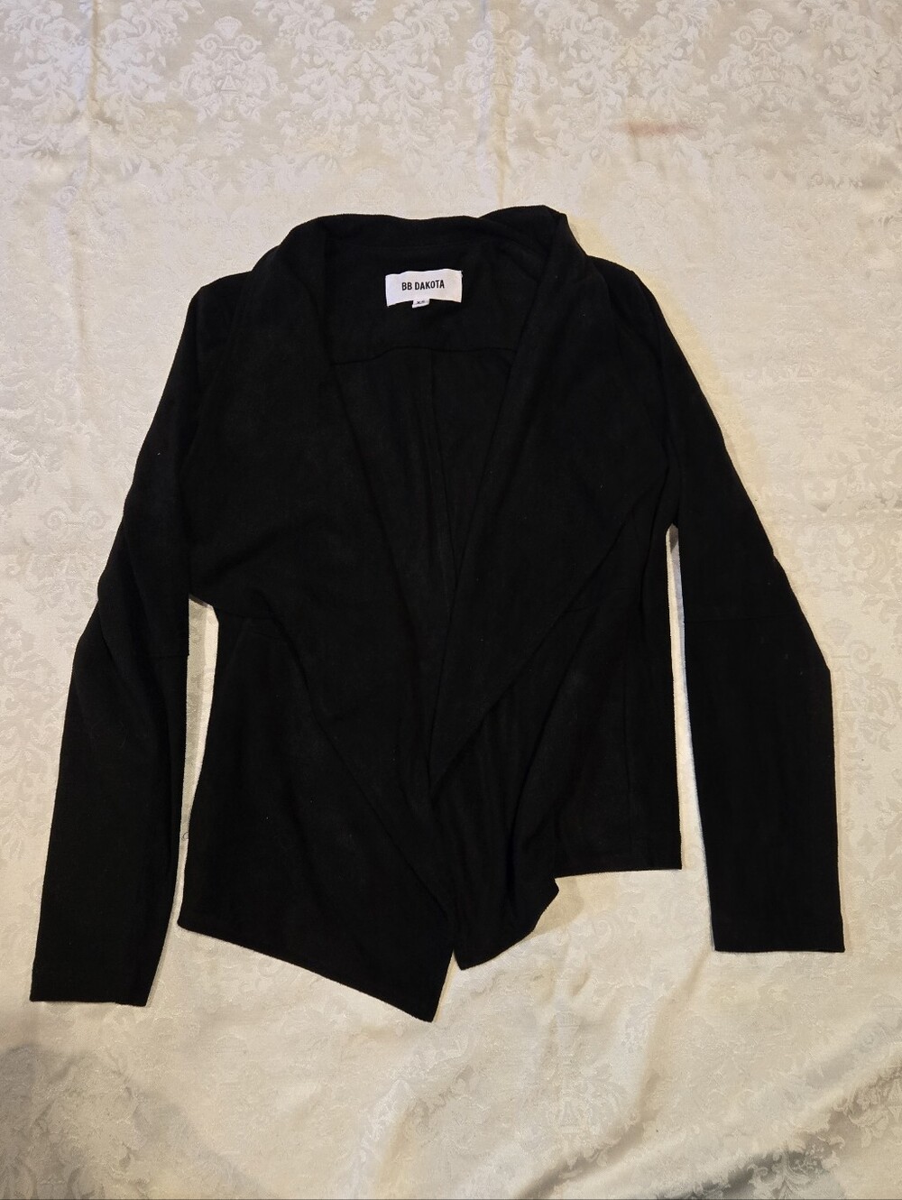 BB Dakota Black Faux Suede Open-Front Draped Cardigan